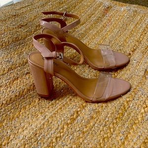 Block heeled tan sandal clear strap